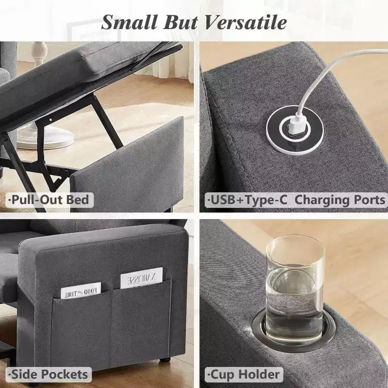 Dyonery 42,5 Pollici Sedia Letto Trasformabile 3-in-1 Divano Letto Estraibile con Schienale Regolabile e Tasche Laterali per Piccoli Spazi