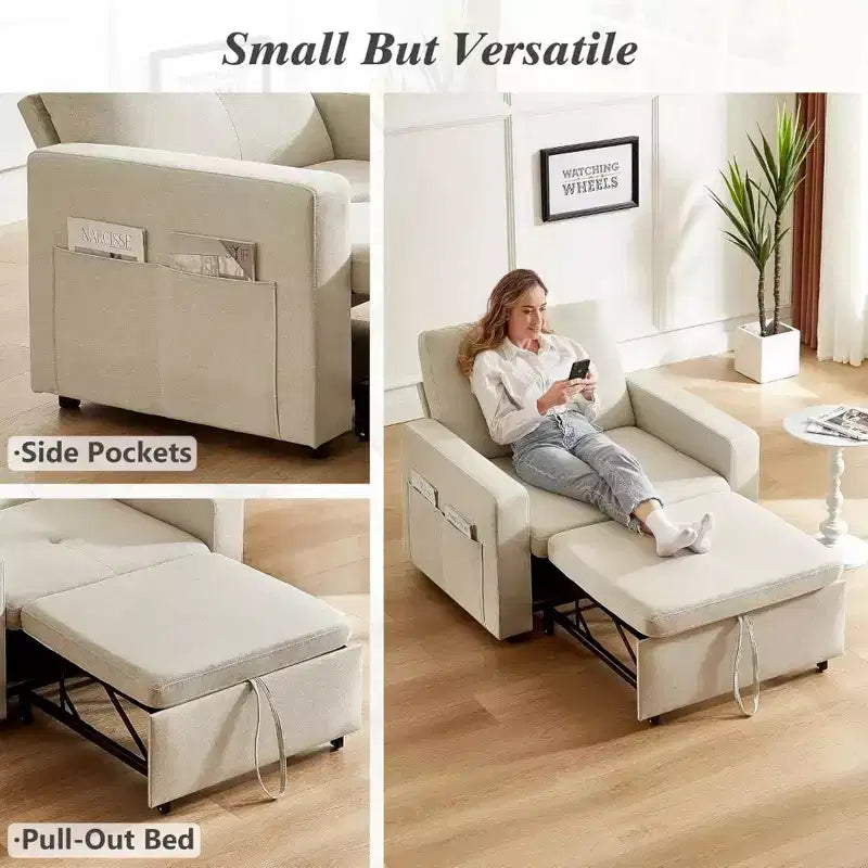 Dyonery 42,5 Pollici Sedia Letto Trasformabile 3-in-1 Divano Letto Estraibile con Schienale Regolabile e Tasche Laterali per Piccoli Spazi