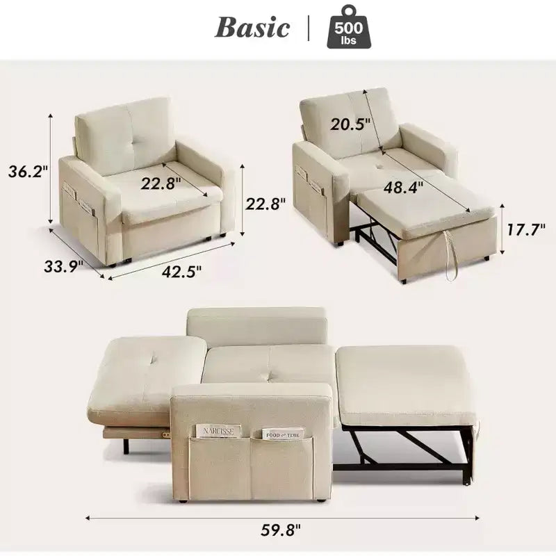 Dyonery 42,5 Pollici Sedia Letto Trasformabile 3-in-1 Divano Letto Estraibile con Schienale Regolabile e Tasche Laterali per Piccoli Spazi