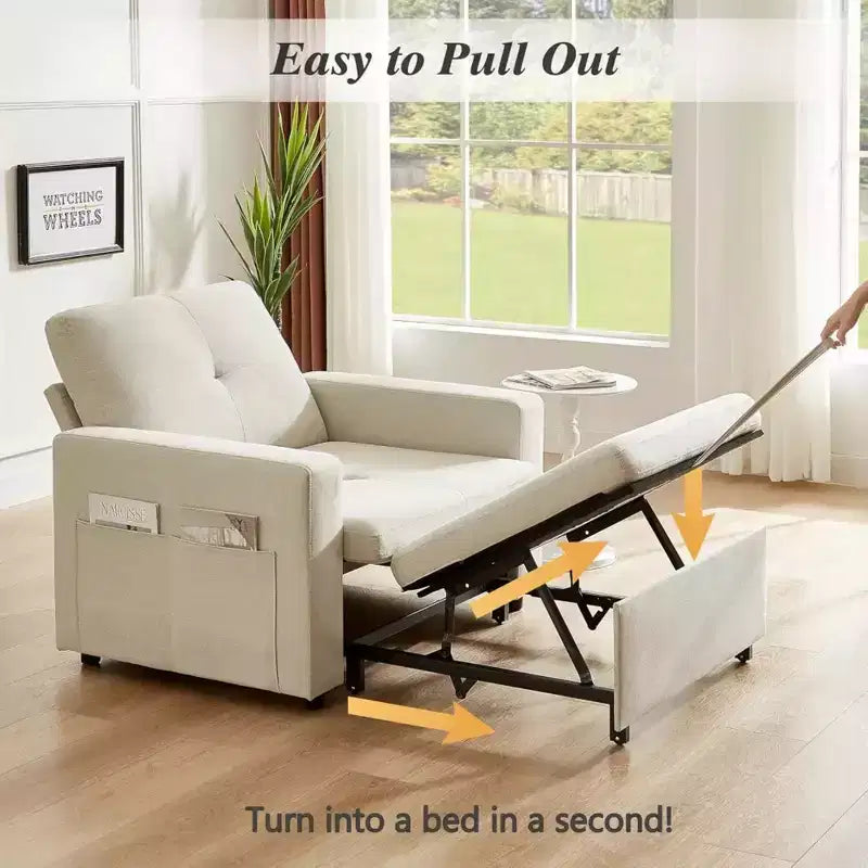 Dyonery 42,5 Pollici Sedia Letto Trasformabile 3-in-1 Divano Letto Estraibile con Schienale Regolabile e Tasche Laterali per Piccoli Spazi