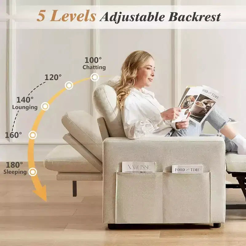Dyonery 42,5 Pollici Sedia Letto Trasformabile 3-in-1 Divano Letto Estraibile con Schienale Regolabile e Tasche Laterali per Piccoli Spazi