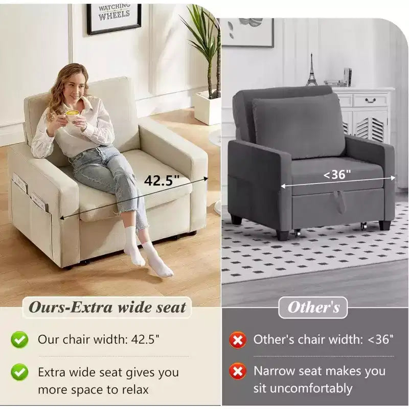 Dyonery 42,5 Pollici Sedia Letto Trasformabile 3-in-1 Divano Letto Estraibile con Schienale Regolabile e Tasche Laterali per Piccoli Spazi