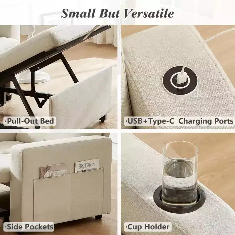 Dyonery 42,5 Pollici Sedia Letto Trasformabile 3-in-1 Divano Letto Estraibile con Schienale Regolabile e Tasche Laterali per Piccoli Spazi