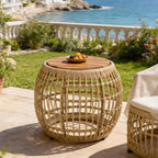 ModernLuxe Outdoor Side Table with Wicker Base, Patio Accent Table Acacia Wood Round End Table Coffee Table, Light Brown