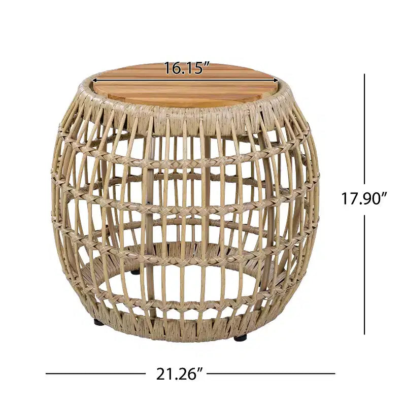 Table d'appoint d'extérieur ModernLuxe avec base en osier, table d'appoint de patio ronde en bois d'acacia, table basse, marron clair