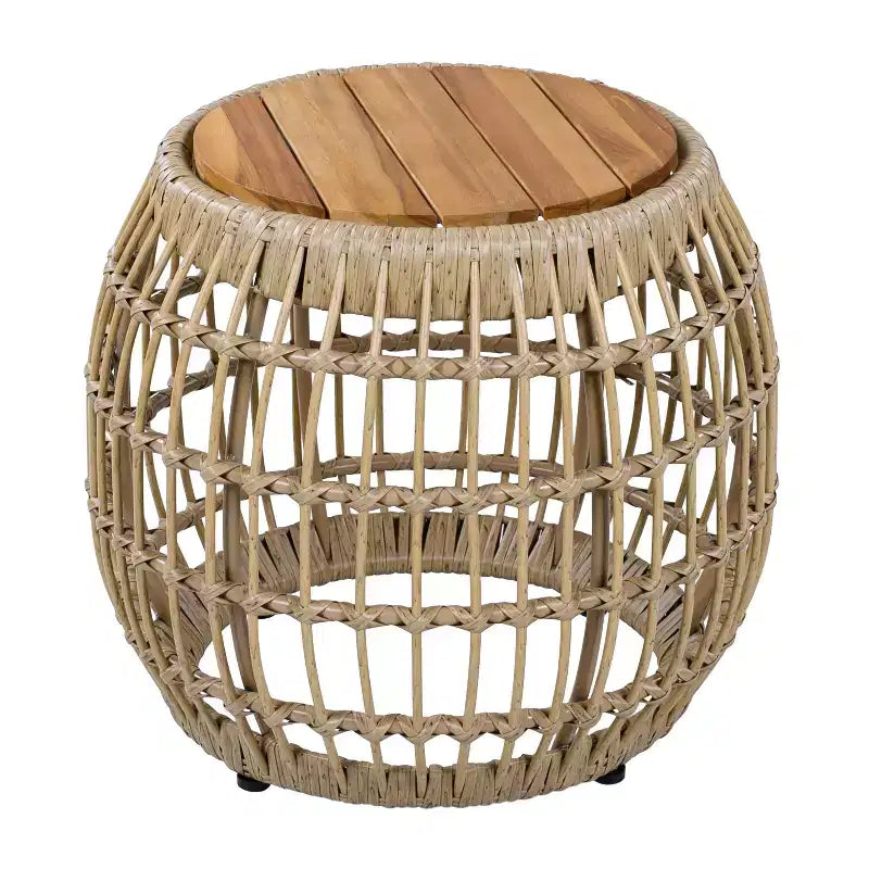 Table d'appoint d'extérieur ModernLuxe avec base en osier, table d'appoint de patio ronde en bois d'acacia, table basse, marron clair