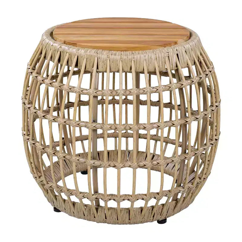 Table d'appoint d'extérieur ModernLuxe avec base en osier, table d'appoint de patio ronde en bois d'acacia, table basse, marron clair