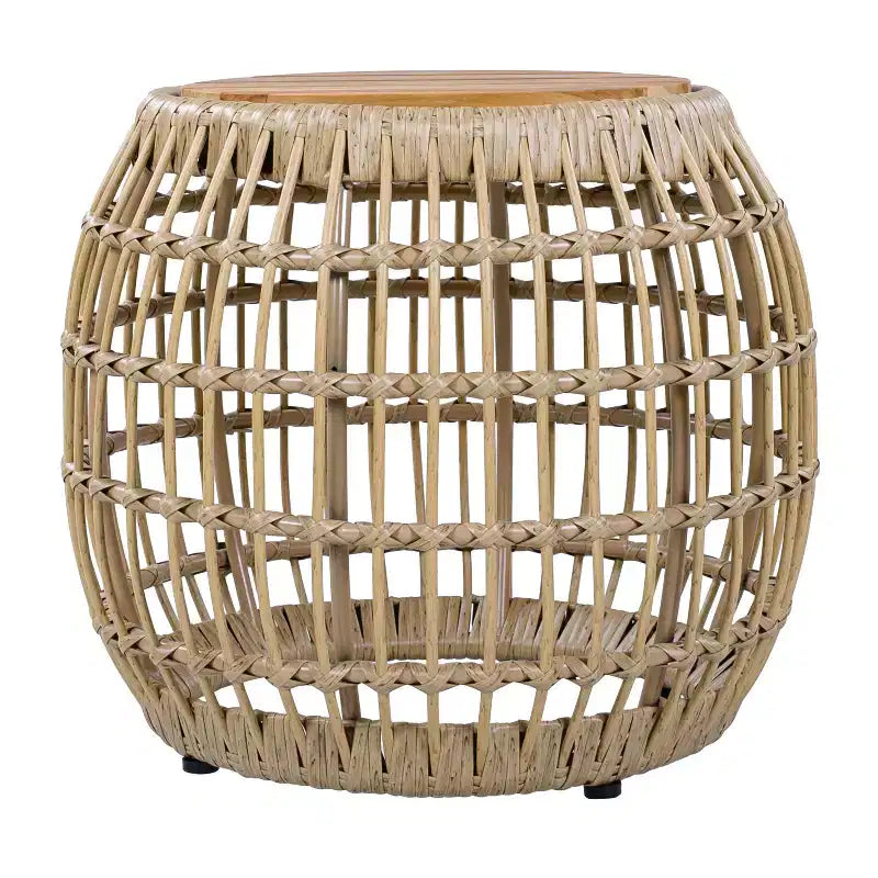 Table d'appoint d'extérieur ModernLuxe avec base en osier, table d'appoint de patio ronde en bois d'acacia, table basse, marron clair