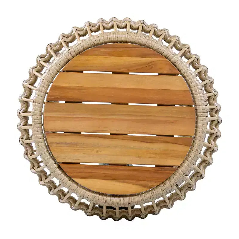 Table d'appoint d'extérieur ModernLuxe avec base en osier, table d'appoint de patio ronde en bois d'acacia, table basse, marron clair