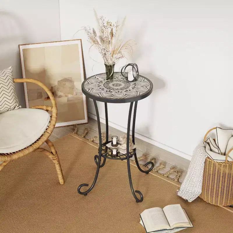 Patio Side Table with Shelf,Brown+Black