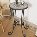 Table d'appoint de patio avec étagère, Brun+Noir