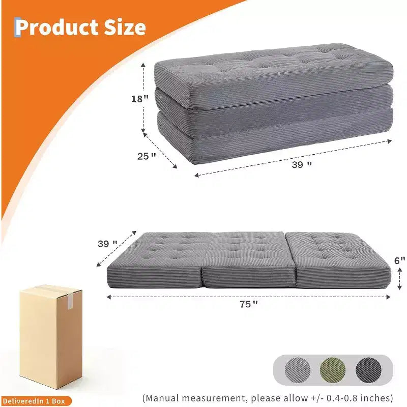 Materasso Pieghevole a Tre Ante, Materasso Pieghevole in Memory Foam, Divano Letto Pieghevole da Pavimento con Schiuma di Supporto ad Alta Densità, Materasso Pieghevole Singolo per Soggiorno