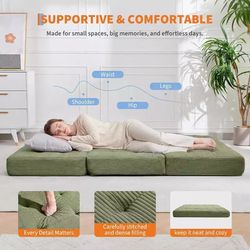 Materasso Pieghevole a Tre Ante, Materasso Pieghevole in Memory Foam, Divano Letto Pieghevole da Pavimento con Schiuma di Supporto ad Alta Densità, Materasso Pieghevole Singolo per Soggiorno