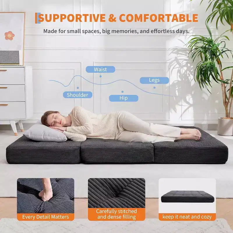 Materasso Pieghevole a Tre Ante, Materasso Pieghevole in Memory Foam, Divano Letto Pieghevole da Pavimento con Schiuma di Supporto ad Alta Densità, Materasso Pieghevole Singolo per Soggiorno