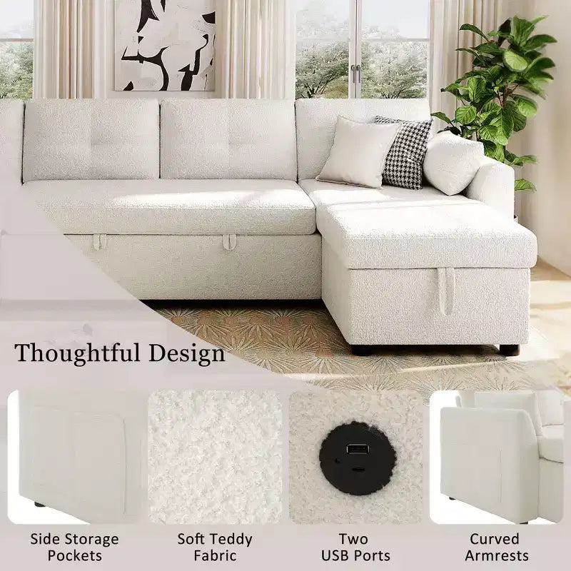Divano Sezionale Convertibile in Tessuto Moderno Whisen 107 Divano Letto con Ampio Spazio di Archiviazione e Porte USB