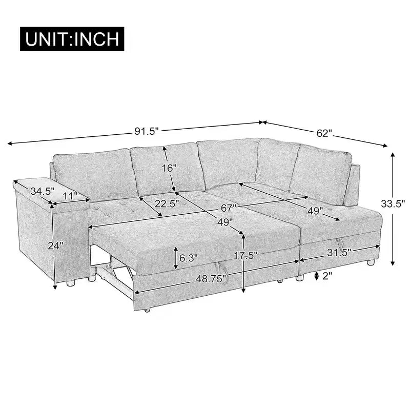 Divano Letto Sezionale Convertibile Whisen con Contenitore, Divano Estraibile con Contenitore Nascosto - Grigio