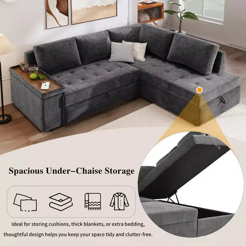 Divano Letto Sezionale Convertibile Whisen con Contenitore, Divano Estraibile con Contenitore Nascosto - Grigio
