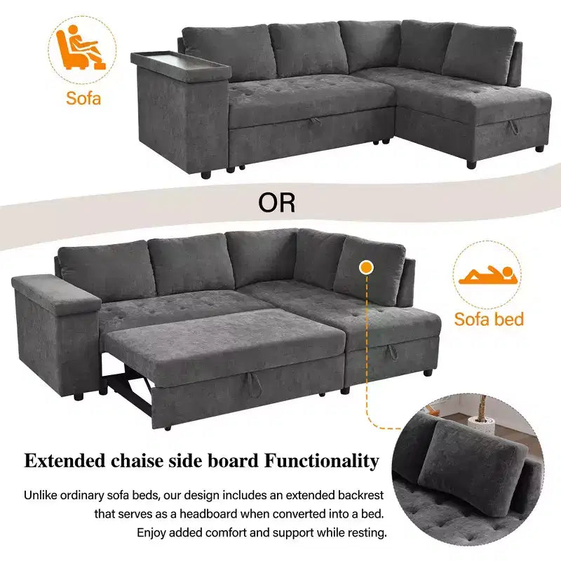 Divano Letto Sezionale Convertibile Whisen con Contenitore, Divano Estraibile con Contenitore Nascosto - Grigio