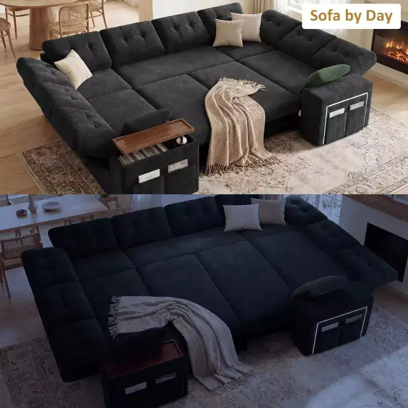 Divano moderno a 8 posti Dyonery 112", schienale regolabile, bracciolo superiore contenitore regolabile, letto estraibile, tavolino girevole, box contenitore, ciniglia