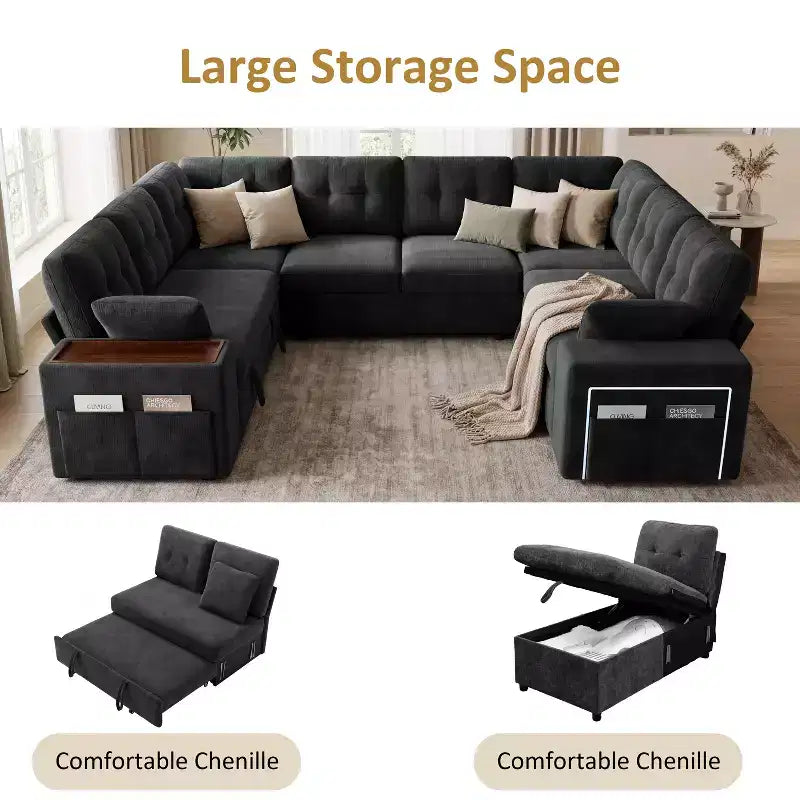 Divano moderno a 8 posti Dyonery 112", schienale regolabile, bracciolo superiore contenitore regolabile, letto estraibile, tavolino girevole, box contenitore, ciniglia