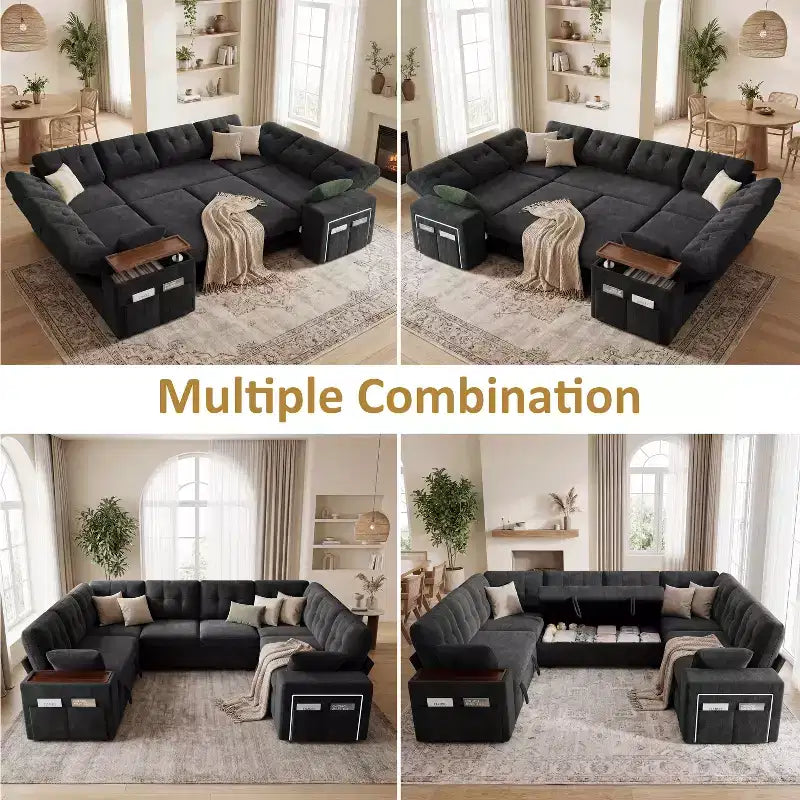 Divano moderno a 8 posti Dyonery 112", schienale regolabile, bracciolo superiore contenitore regolabile, letto estraibile, tavolino girevole, box contenitore, ciniglia