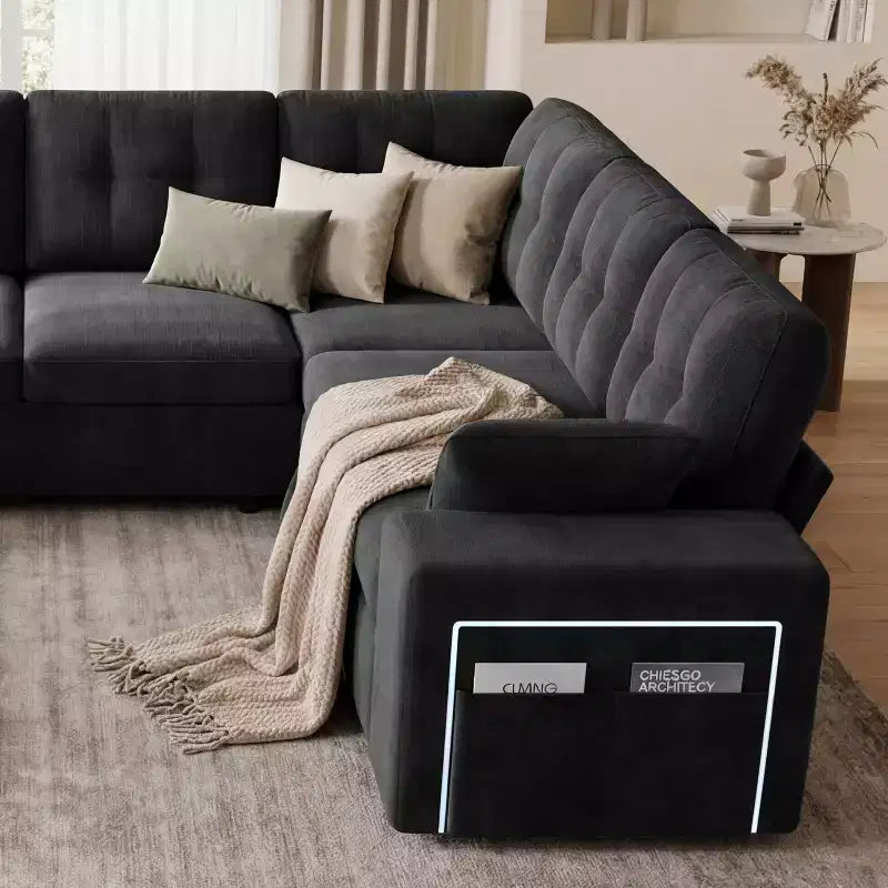 Divano moderno a 8 posti Dyonery 112", schienale regolabile, bracciolo superiore contenitore regolabile, letto estraibile, tavolino girevole, box contenitore, ciniglia
