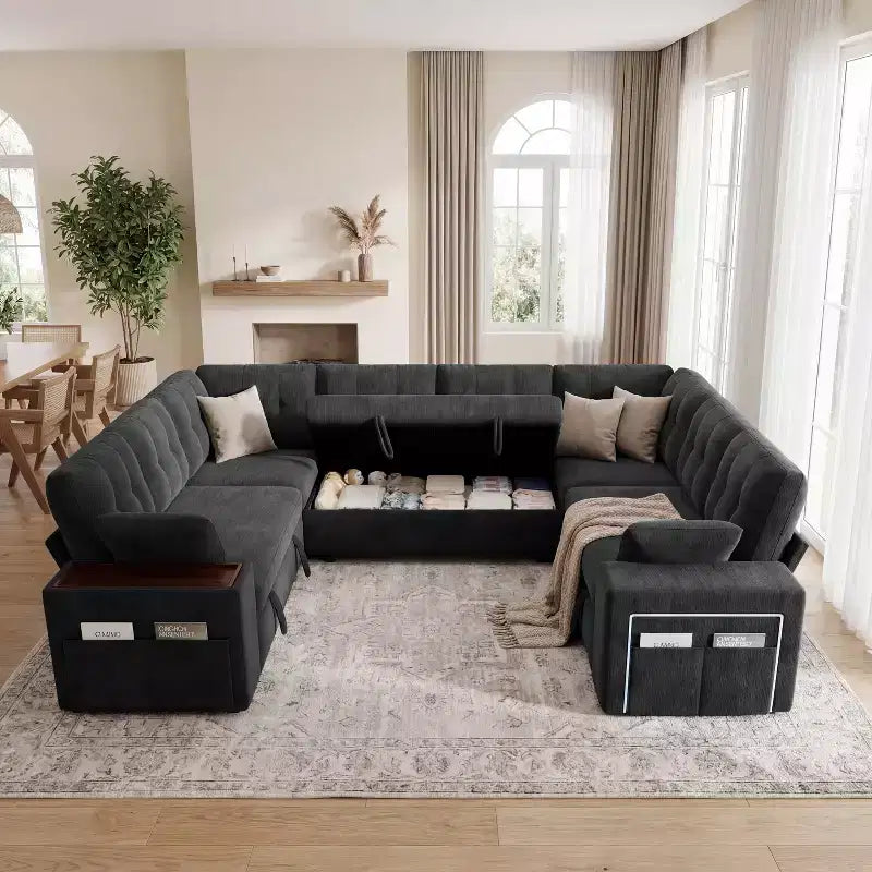 Divano moderno a 8 posti Dyonery 112", schienale regolabile, bracciolo superiore contenitore regolabile, letto estraibile, tavolino girevole, box contenitore, ciniglia