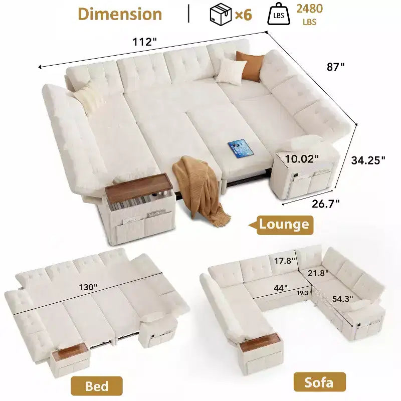 Divano moderno a 8 posti Dyonery 112", schienale regolabile, bracciolo superiore contenitore regolabile, letto estraibile, tavolino girevole, box contenitore, ciniglia