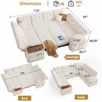 Divano moderno a 8 posti Dyonery 112", schienale regolabile, bracciolo superiore contenitore regolabile, letto estraibile, tavolino girevole, box contenitore, ciniglia