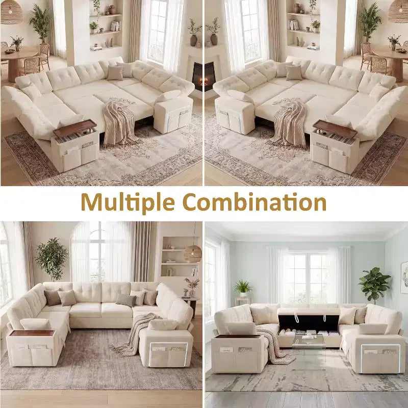 Divano moderno a 8 posti Dyonery 112", schienale regolabile, bracciolo superiore contenitore regolabile, letto estraibile, tavolino girevole, box contenitore, ciniglia