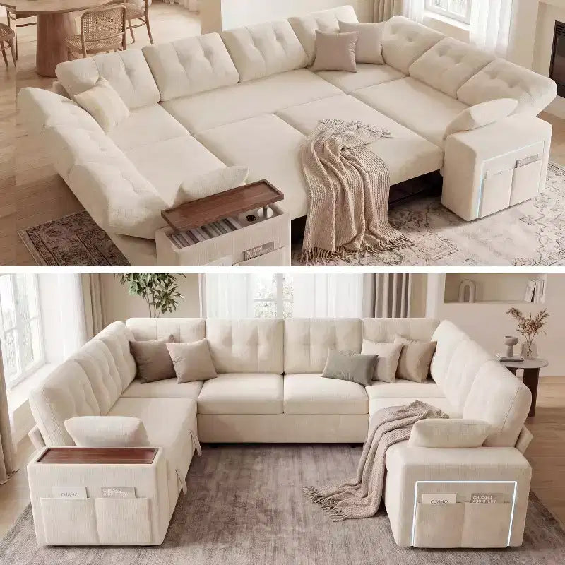 Divano moderno a 8 posti Dyonery 112", schienale regolabile, bracciolo superiore contenitore regolabile, letto estraibile, tavolino girevole, box contenitore, ciniglia