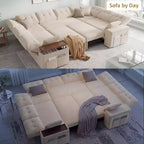 Divano moderno a 8 posti Dyonery 112", schienale regolabile, bracciolo superiore contenitore regolabile, letto estraibile, tavolino girevole, box contenitore, ciniglia