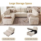 Divano moderno a 8 posti Dyonery 112", schienale regolabile, bracciolo superiore contenitore regolabile, letto estraibile, tavolino girevole, box contenitore, ciniglia