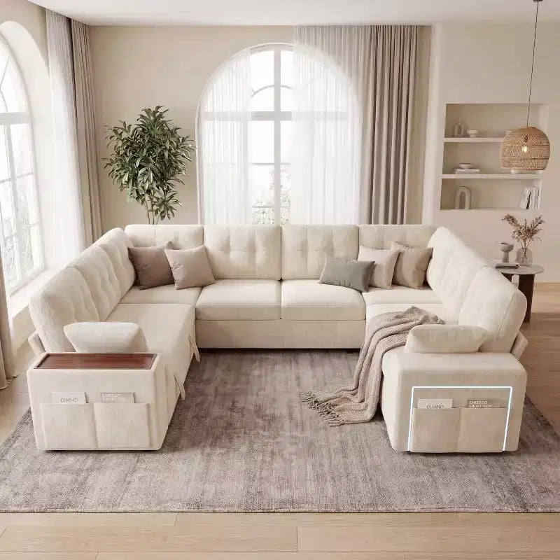 Divano moderno a 8 posti Dyonery 112", schienale regolabile, bracciolo superiore contenitore regolabile, letto estraibile, tavolino girevole, box contenitore, ciniglia