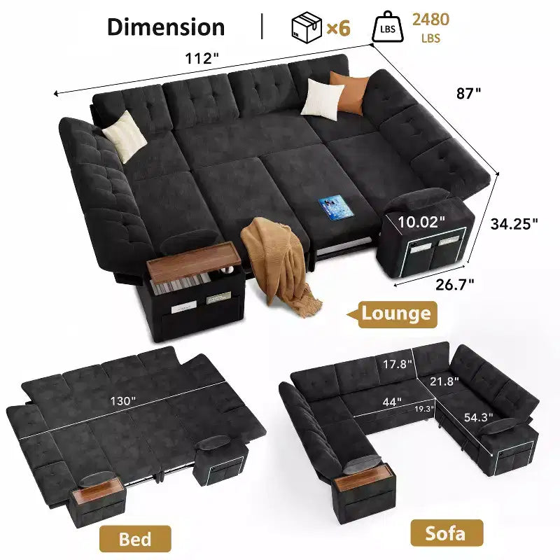Divano moderno a 8 posti Dyonery 112", schienale regolabile, bracciolo superiore contenitore regolabile, letto estraibile, tavolino girevole, box contenitore, ciniglia