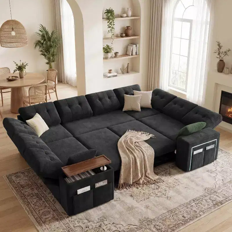 Divano moderno a 8 posti Dyonery 112", schienale regolabile, bracciolo superiore contenitore regolabile, letto estraibile, tavolino girevole, box contenitore, ciniglia