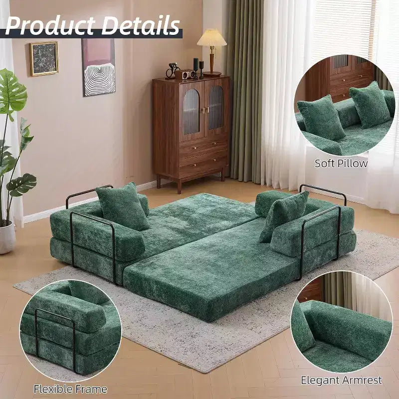 Divano Letto Convertibile MooxvMoo, Futon in Velluto a Coste con Cuscini, Letto per Soggiorno Camera da Letto, Verde Scuro