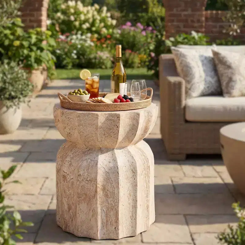 Christopher Knight Home Eulalia Modern Patio Marble Pattern Lightweight Concrete Sculptural Fluted Side Table