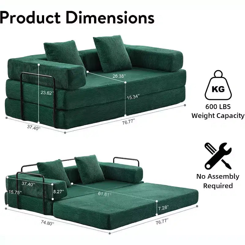 MooxvMoo Divano Letto Pieghevole da Terra Convertibile, Futon in Velluto a Coste con Cuscini, Letto per Soggiorno Camera da Letto, Verde