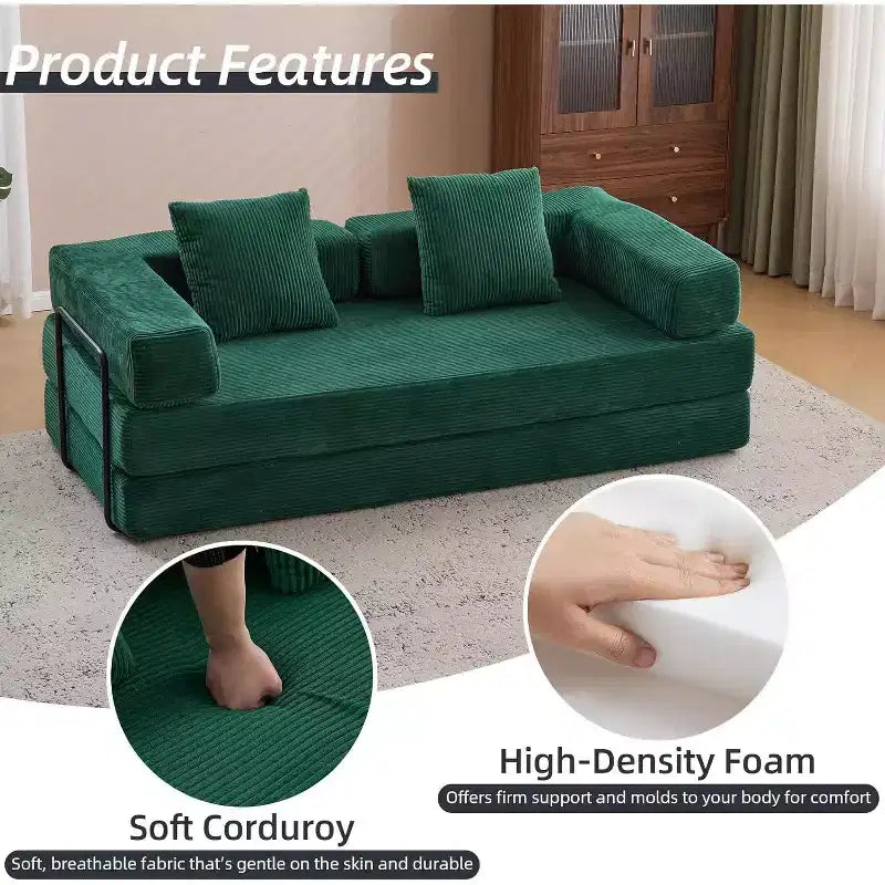 MooxvMoo Divano Letto Pieghevole da Terra Convertibile, Futon in Velluto a Coste con Cuscini, Letto per Soggiorno Camera da Letto, Verde