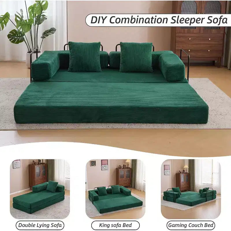 MooxvMoo Divano Letto Pieghevole da Terra Convertibile, Futon in Velluto a Coste con Cuscini, Letto per Soggiorno Camera da Letto, Verde