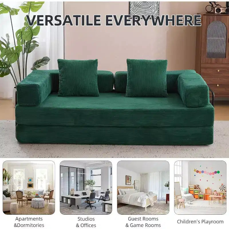 MooxvMoo Divano Letto Pieghevole da Terra Convertibile, Futon in Velluto a Coste con Cuscini, Letto per Soggiorno Camera da Letto, Verde