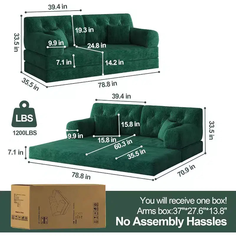 MooxvMoo 79 Divano Letto Sezionale Modulare Convertibile, Divano da Terra Pudding, Letto a Compressione per Soggiorno Camera da Letto, Verde Scuro