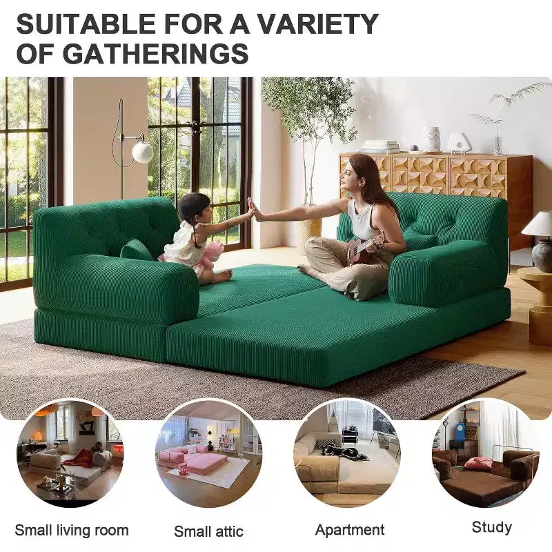 MooxvMoo 79 Divano Letto Sezionale Modulare Convertibile, Divano da Terra Pudding, Letto a Compressione per Soggiorno Camera da Letto, Verde Scuro