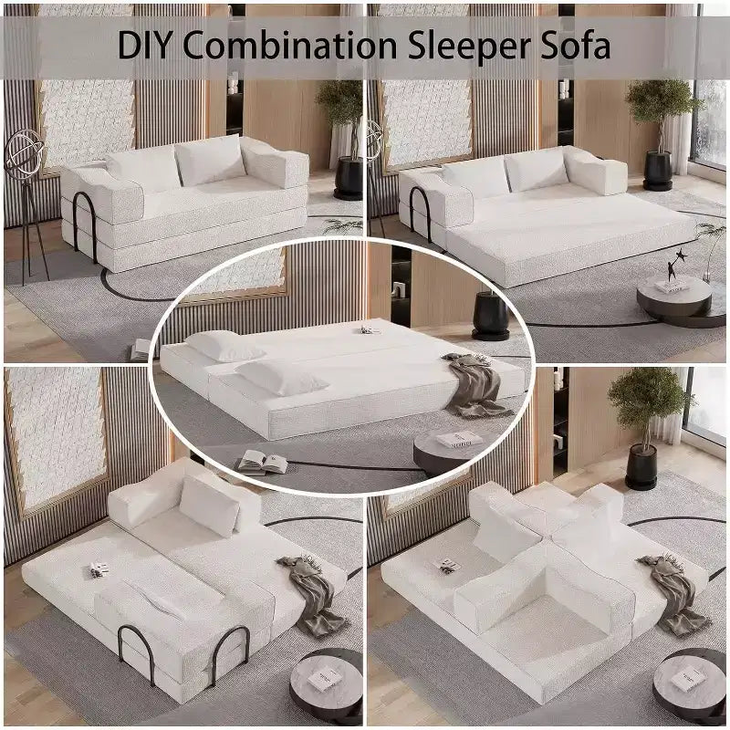 MooxvMoo 80 Divano Letto Convertibile con 2 Cuscini, Divano da Terra a 3 Posti, Letto Matrimoniale King Size, Combinazione Fai da Te, Ciniglia, Bianco Beige