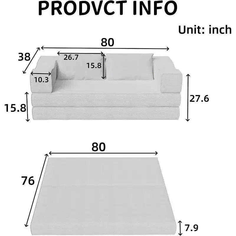 MooxvMoo 80 Divano Letto Convertibile con 2 Cuscini, Divano da Terra a 3 Posti, Letto Matrimoniale King Size, Combinazione Fai da Te, Ciniglia, Bianco Beige