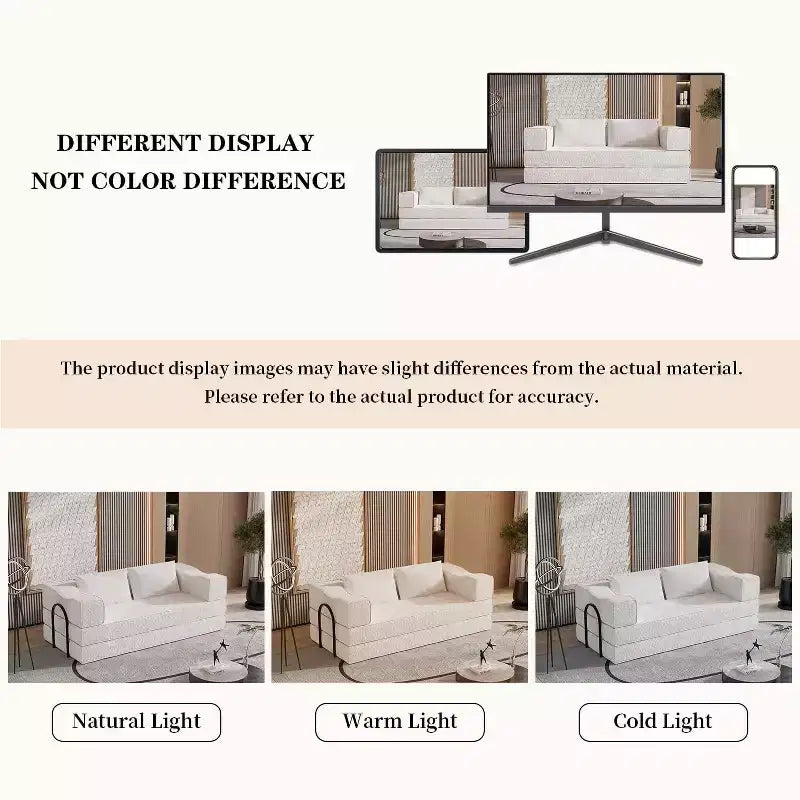 MooxvMoo 80 Divano Letto Convertibile con 2 Cuscini, Divano da Terra a 3 Posti, Letto Matrimoniale King Size, Combinazione Fai da Te, Ciniglia, Bianco Beige