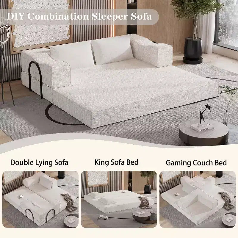 MooxvMoo 80 Divano Letto Convertibile con 2 Cuscini, Divano da Terra a 3 Posti, Letto Matrimoniale King Size, Combinazione Fai da Te, Ciniglia, Bianco Beige