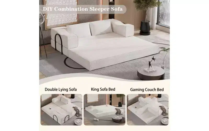 MooxvMoo 80 Divano Letto Convertibile con 2 Cuscini, Divano da Terra a 3 Posti, Letto Matrimoniale King Size, Combinazione Fai da Te, Ciniglia, Bianco Beige