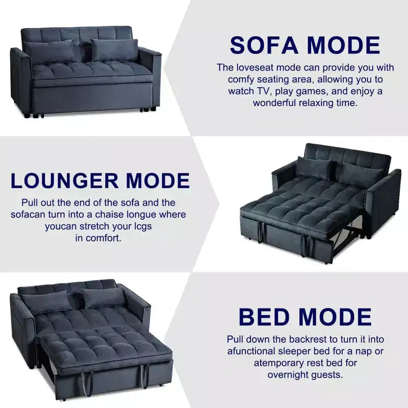 Divano letto matrimoniale convertibile 3 in 1 in velluto grigio cemento con cuscini e tasche, divano letto moderno estraibile, schienale regolabile